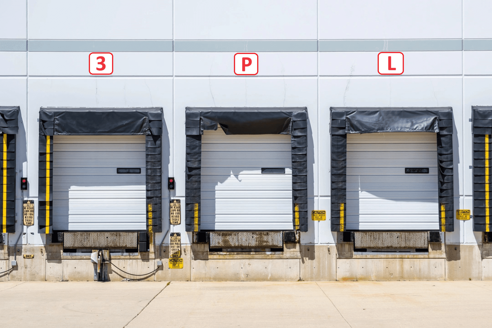 Three garage doors are closed and the parking lot is empty.