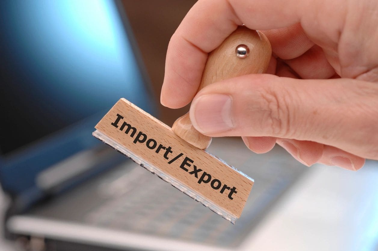 A person is holding an ink stamp with the word import / export on it.